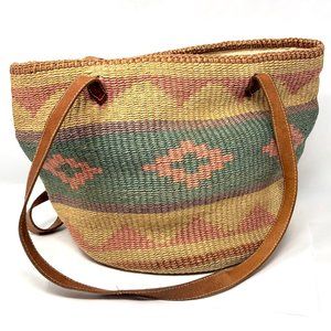 Vintage Sisal Market Bag Purse, Boho Beach Bag, Leather Straps